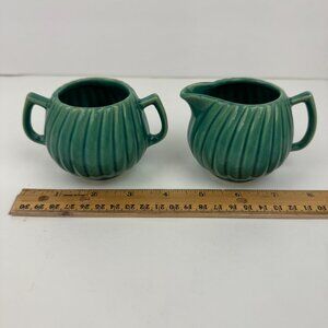 Vtg‎ Small Ceramic Creamer Sugar Set MCM Sage Green Teal Swirled Ribbed Textured